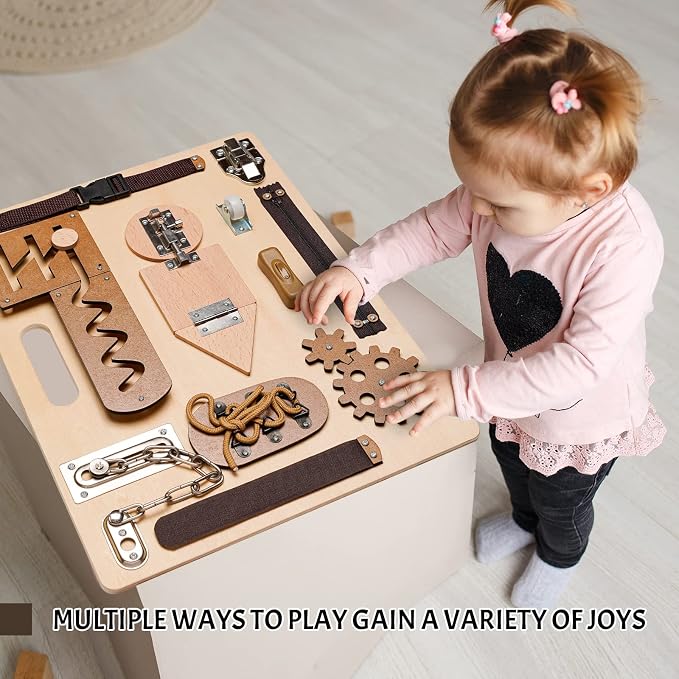 Montessori Busy Board for Toddlers, Wooden Sensory Toys, Preschool Learning Activities for Fine Motor Skills Travel Toy, Basic Life Skills Educational Gifts for 1, 2, 3 Years Old Kids Boys Girls