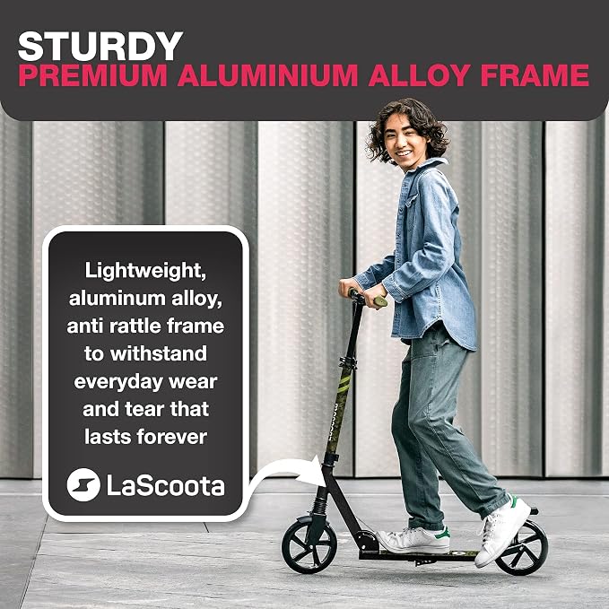 LaScoota Kick Scooter for Kids Ages 6+, Teens & Adults, Large 8" Sturdy Urethane Wheels. Adjustable Handlebar, Lightweight, Foldable, 220lbs Max Load