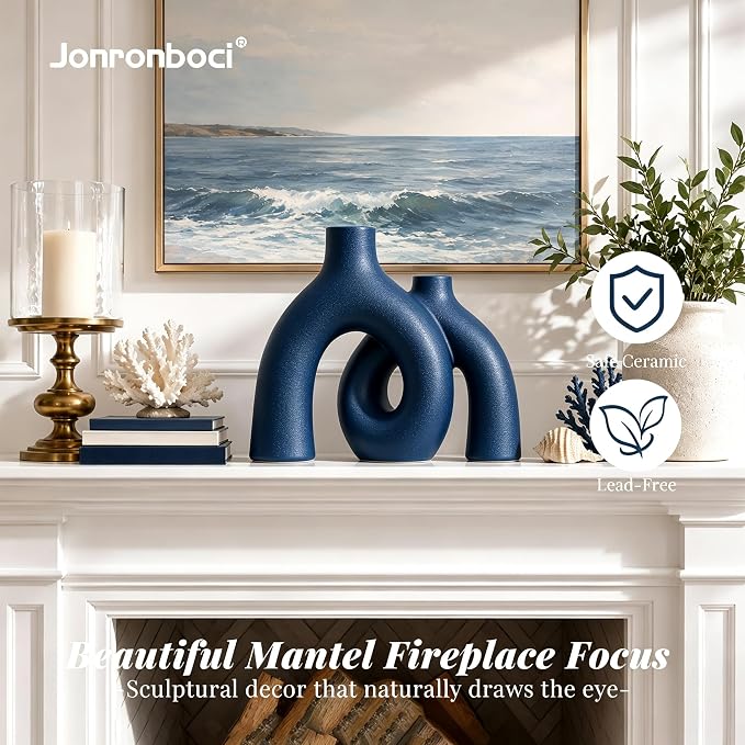 Hug Donut Decorative Vase Set - Navy Blue Vase, Modern Coastal Style Vases Home Decor, Matte Ceramic Decorations for Living Room Shelf, Bookshelf Mantle Entryway Table or Console Décor (Navy Blue) | Decorative Sculptural & Flower Vase for Living Room, ...
