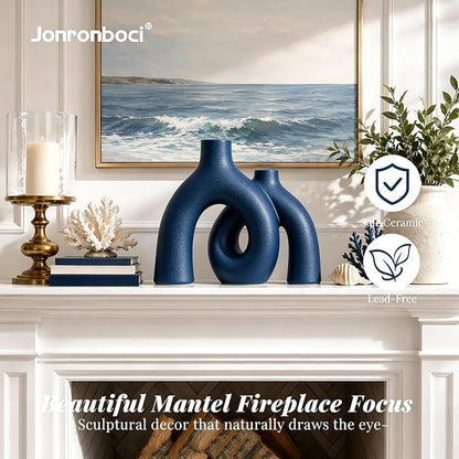 Hug Donut Decorative Vase Set - Navy Blue Vase, Modern Coastal Style Vases Home Decor, Matte Ceramic Decorations for Living Room Shelf, Bookshelf Mantle Entryway Table or Console Décor (Navy Blue) | Decorative Sculptural & Flower Vase for Living Room, ...