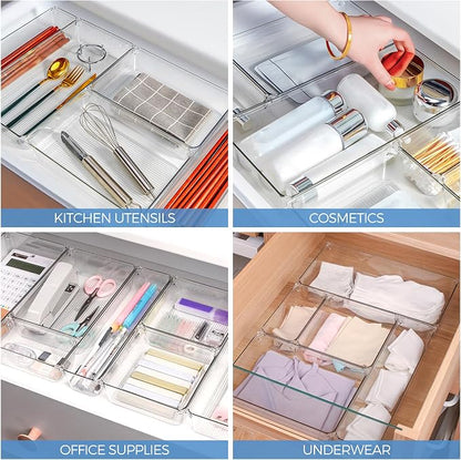 Ravinte 6 Pack Drawer Organizer, 3" x 6" Plastic Storage Bins | Acrylic Tray Design, Non-Slip Pads, For Makeup, Jewelry, Kitchen Utensils, Bathroom, Office Storage