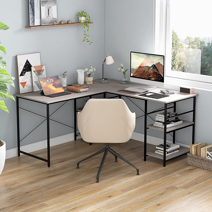 L-Shaped Home Office Desk, Corner Computer Desk w/Monitor Stand, Reversible PC Desk w/Heavy-Duty Metal Frame, Long Office Desk for 2 Person, Space-Saving Design (Grey)