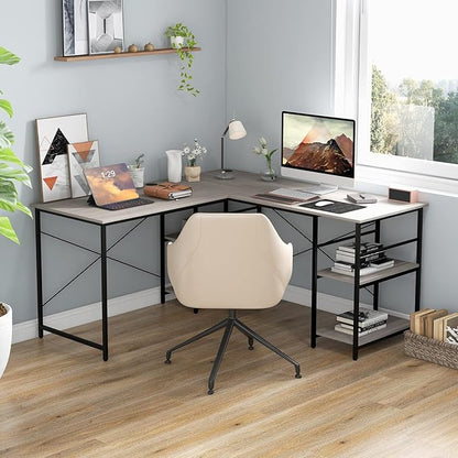 L-Shaped Home Office Desk, Corner Computer Desk w/Monitor Stand, Reversible PC Desk w/Heavy-Duty Metal Frame, Long Office Desk for 2 Person, Space-Saving Design (Grey)