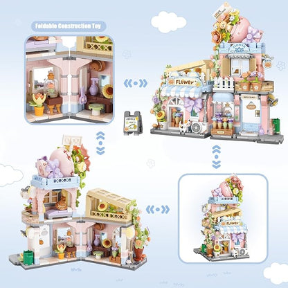 Street View Flower House Shop Mini Building Blocks, MOC Creative Building Toys Cute Panda Building Set for Girls 6-12, Simulation Architecture Construction Toy, Gift Idea for Kids Adults (854 PCS)