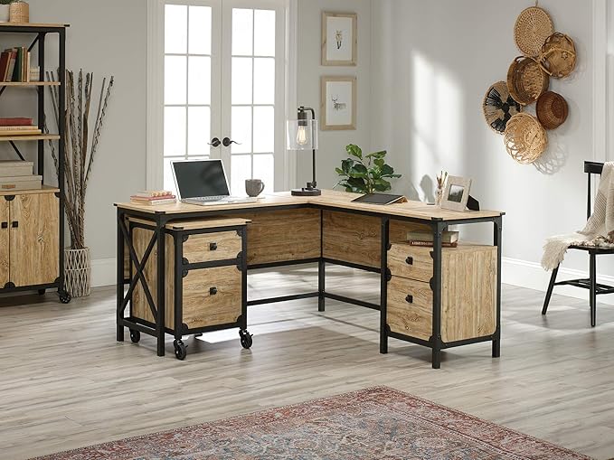 Sauder Steel River L-Shaped Desk (59.84" x 57.32" x 29.53") Steel River Lateral File (30.08" x 20.75" x 29.53") Bundle, Milled Mesquite Finish