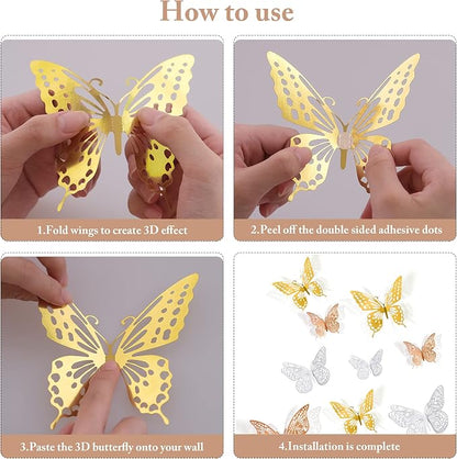 SAOROPEB 3D Butterfly Wall Decor, 72 Pcs 3 Styles 3 Sizes, Removable Metallic Wall Decor Sticker Room Mural Decals for Kids Bedroom Nursery Classroom Party Decoration Wedding Decor DIY Gift (3 Color)