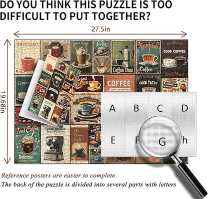 Vintage Coffee Collage Puzzles for Adults 1000 Pieces, PICKFORU Breakfast Food Jigsaw Puzzle Coffee Latte, Hard Difficult Retro Poster Theme for Home Wall Decor