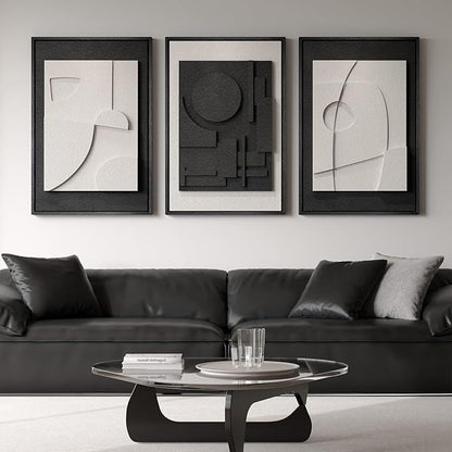 Large 3D Textured Framed Black and White Abstract Wall Art, 3 Piece Modern Wall Paintings Artwork for Walls, Minimalist Black White Geometric Pictures for Living Room, Hallway, Dining Room Wall Decor
