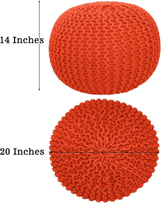 COTTON CRAFT Round Pouf - Hand Knitted Cotton Braid Cord Cable Dori Ottoman - Foot Stool Floor Pouf Footrest Accent Seat Furniture Bean Bag - Living Room Kids Room Nursery Dorm Décor - 20x14 - Orange