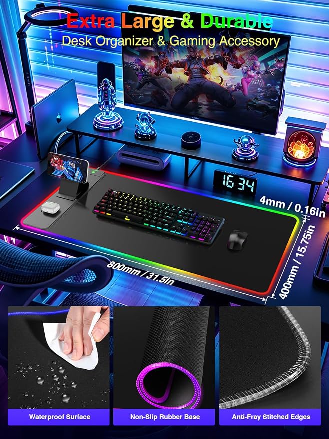 Wireless Charging Mouse Pad with Magnetic Phone Stand, 31.5"x15.8" Large | Gaming Mousepad RGB Desk Mat, Smooth Glide, Stitched Edge, Non-Slip Rubber Base, Waterproof Keyboard Mat, with Adatper