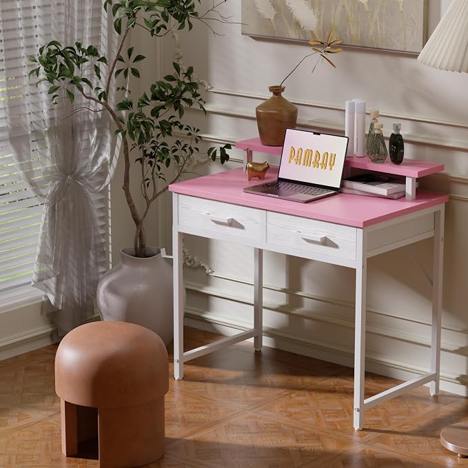Pamray 32 Inch Small Computer Desk with Monitor Stand and 2 Drawers | Small Gaming Desk, for Bedroom Apartment and Dorm, for Study Work and Writing, Small Spaces, Sturdy, Easy Assembly