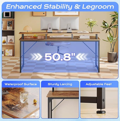 PRAISUN 55 inch Gaming Desk, LED & Outlets, Monitor Stand, Rustic Brown | Sturdy PC Desk for Home Office, Study & Work, LED Lights, 4 AC Outlets & USB-C Charging Station