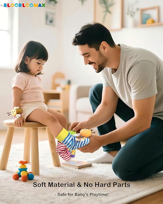 Bloobloomax Baby Wrist Rattle Socks & Foot Finder Toy-Gift for 0-36M | Infant Essentials Wristband Hand & Feet Rattles | Sensory Toys for 0-3Years Newborn Boys and Girls As Shower Present