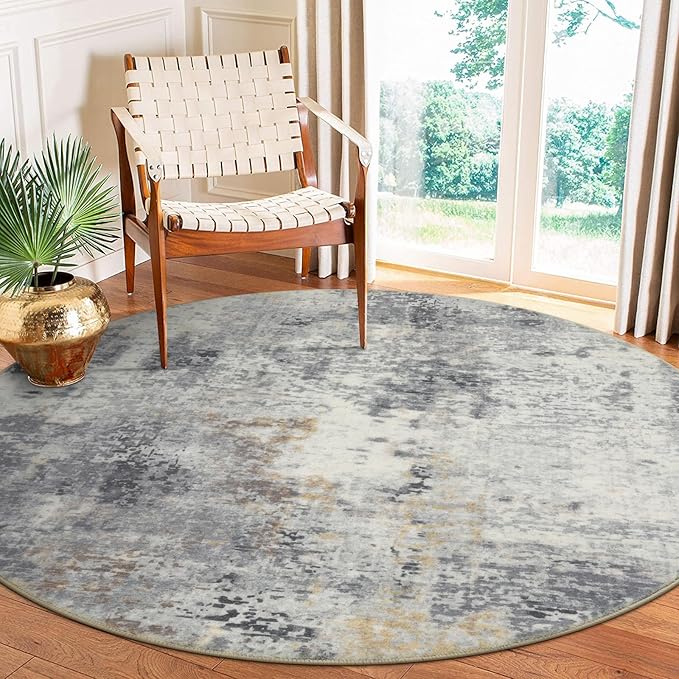 Lahome Modern Abstract Round Rug - 6Ft Gray Circle Rugs for Living Room Soft Dining Room Rugs for Under Table, Machine Washable Bedroom Mat Non Slip Large Carpet for Office Kitchen Entrance