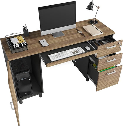 Modern Design By Crafts & comfort Venice Computer Desk - Office Desk with 3 Drawers & CPU Storage Cabinet - Laptop Workstation with Keyboard Tray & Cable Hole - Home & Office Supplies -Cass/black