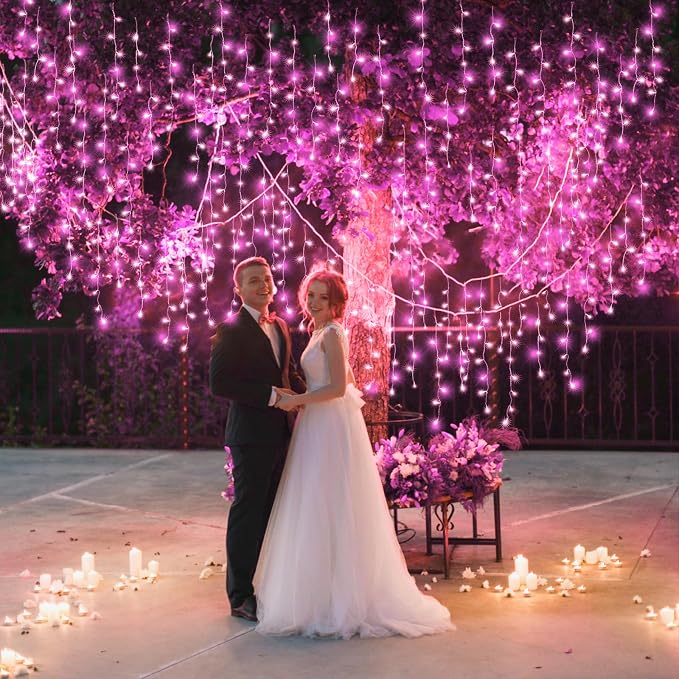 66ft Icicle Lights for Outside, Pink Christmas Lights Outdoor Waterproof for House, 640 LED Twinkle Tree Light with 120 Drops Clear Wire Short Curtain Light for Room Home Wall Indoor Decorations