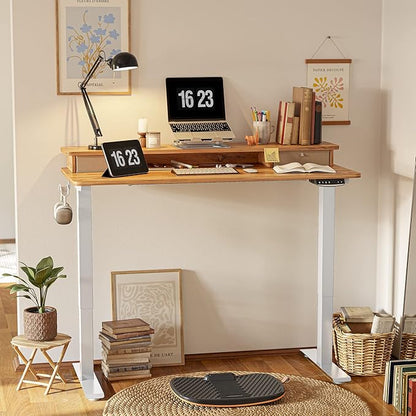 FEZIBO 60 x 24 Inch Height Adjustable Electric Standing Desk with Double Drawer, Stand Up Desk with Storage Shelf, Sit Stand Desk, Light Rustic