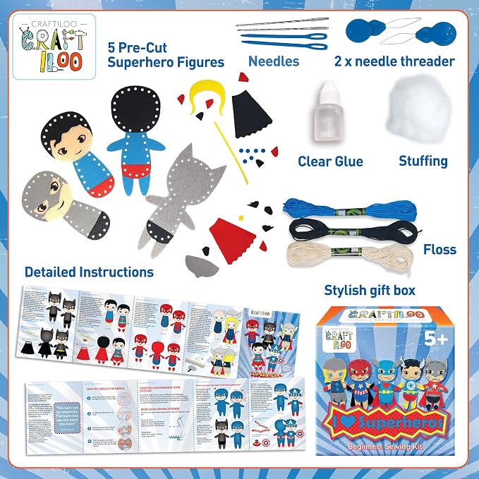 Superhero Sewing Kits for Little Kids 5 Easy Projects for Children Beginners Sewing kit Kid Crafts Make Your Own Felt Pillow Plush Craft Kit My First Sewing Kit Learn to Sew Kit