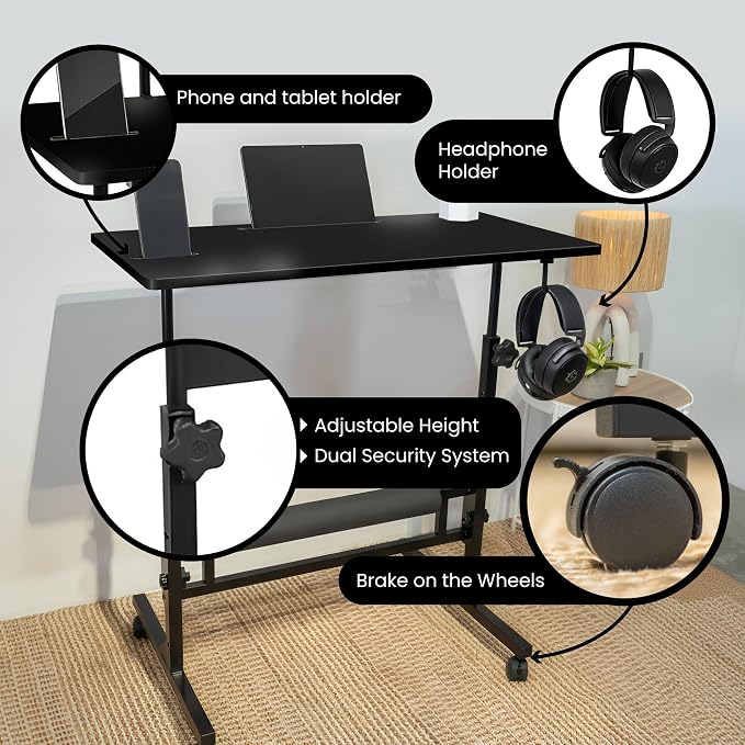 Small Rolling Desk with Wheels, Adjustable Height 27"-43.3" Portable Standing Desk, 31.5"x15.7" Tabletop, Mobile Laptop Computer Table for Home Office Workstation, Black