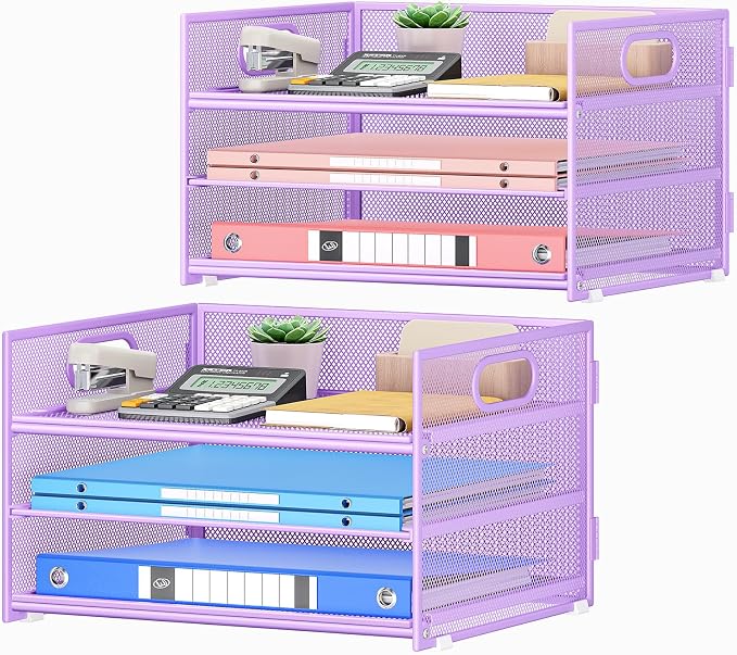 Subekyu 2-Pack 3-Tier Purple Metal Mesh Desk Paper Letter Tray & File Sorter Organizer with Handle + 1 Sliding Tray for Desk, Home, Office, School Supplies, A4 Paper and Accessories Storage