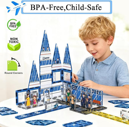 AFUNX Magnetic Tiles, 54PCS Airport Theme Building Blocks Set, Magnet Building Blocks and STEM Preschool Educational Toys for Kids Toddlers Ages 3-5 5-7 8-10