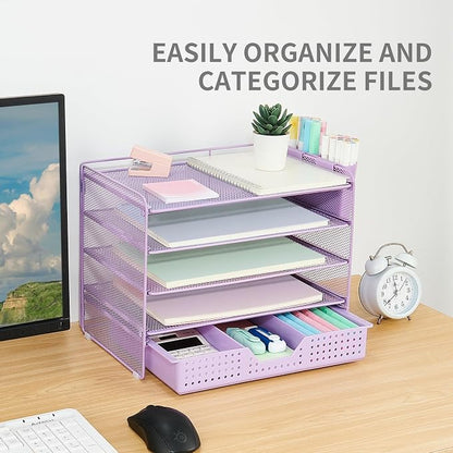 LEKETREE Desk Organizers and Accessories, 5-Tier Paper Letter Tray Organizer with Drawer & 2 Pen Holders, Desktop Organizer for Office Supplies (Purple)