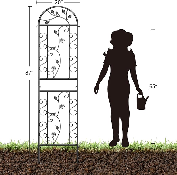 4-Pack 87" x 20" Bird and Daisy Arch Black Metal Garden Trellises | Set of 4 rust-resistant trellises with bird, daisy, leaf, and scrollwork details, spikes, and support for roses or vines