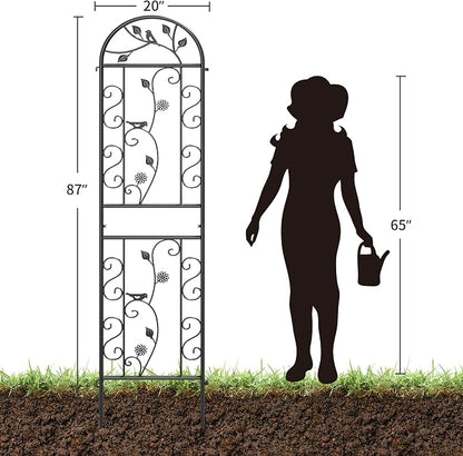 4-Pack 87" x 20" Bird and Daisy Arch Black Metal Garden Trellises | Set of 4 rust-resistant trellises with bird, daisy, leaf, and scrollwork details, spikes, and support for roses or vines