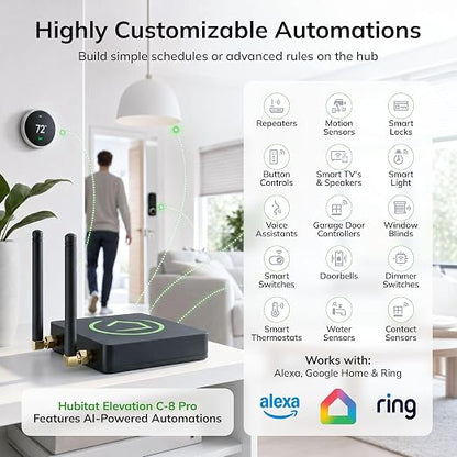 Hubitat Elevation C-8 Pro Smart Home Hub - Local Control & Automation for Smart Thermostat, Voice Assistants, Ring Cameras - Compatible with Z-Wave 800 LR, Zigbee 3.0, Matter 1.5, Bluetooth, Wi-Fi