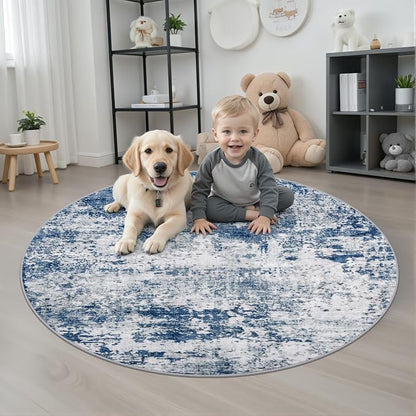 Round Area Rug for Living Room: 4 ft Washable Modern Abstract Soft Thin Rug Indoor Floor No Slip Stain Resistant Carpet for Bedroom Dining Room Farmhouse Nursery Home Office - Blue