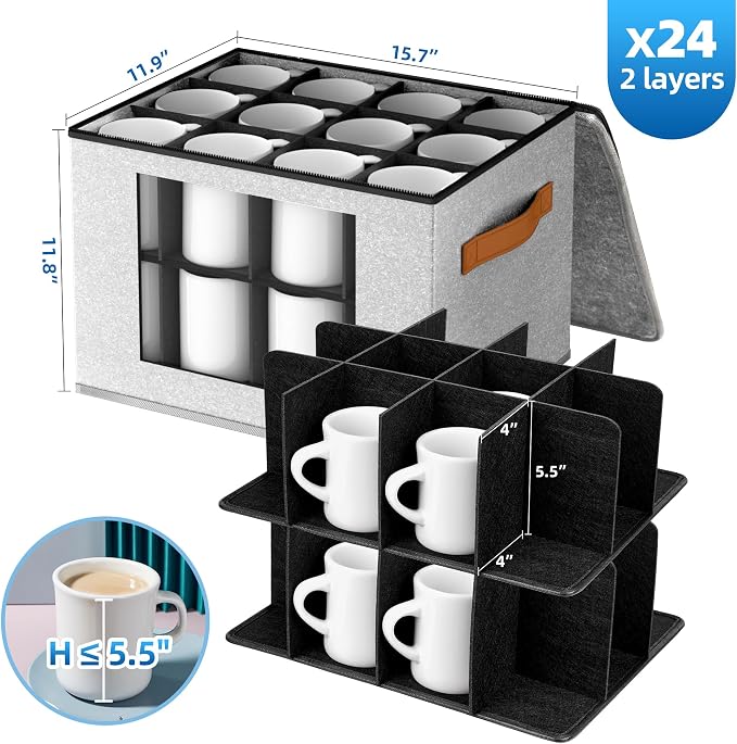 Foyego Cup and Mug Storage Box with 24 Dividers, Light Grey, 2-Layer | with Lid, Visible Window, Soft Handles, for Packing and Moving, Stackable Storage Containers for Coffee Mug Cups and Glasses