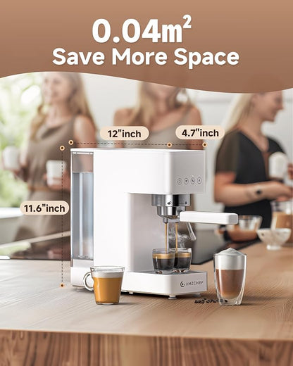 AMZCHEF Compact Espresso Machine 20 Bar, Americano, Latte & Cappuccino | Easy One-Touch Brewing, 30s Heat-Up, Stable PID Control, Easy Milk Frothing, Compact Design, 50oz Tank, White