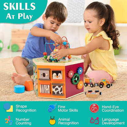 Large Activity Cube, 9-in-1 Farm-Themed Wooden Play Center, Multipurpose Montessori Toy for 1-2 Year Old Baby Toddler Kid, First Birthday Gift | Bonus Magnetic Train Cars