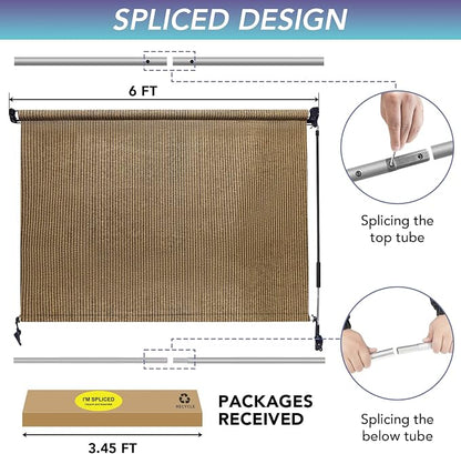 KANAGAWA Outdoor Roller Shade 6'X6' Walnut Exterior Cordless Patio Roll Up Shades for Outside Pergola Porch, Outdoor Blinds for Patio
