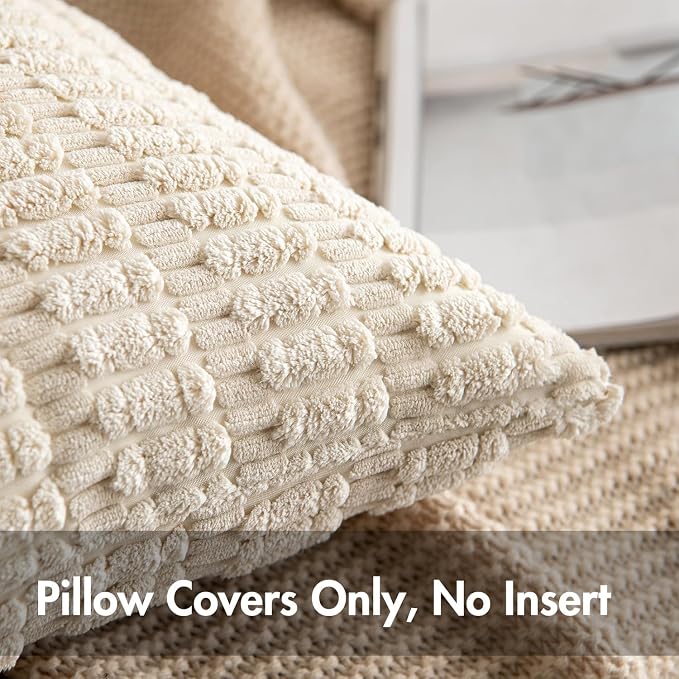 MIULEE Pack of 2 Corduroy Decorative Throw Pillow Covers 20x20 Inch Soft Boho Striped Pillow Covers Modern Farmhouse Home Decor for Sofa Living Room Couch Bed Cream White