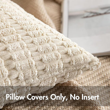 MIULEE Pack of 2 Corduroy Decorative Throw Pillow Covers 20x20 Inch Soft Boho Striped Pillow Covers Modern Farmhouse Home Decor for Sofa Living Room Couch Bed Cream White