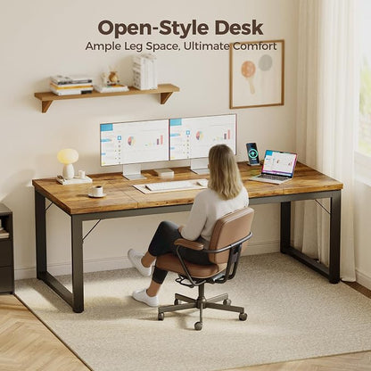 Mericonia 63 Inch Computer Desk with Power Outlets, 1.2" Thick Office Table | Modern Simple Style, Heavy Duty Industrial Frame, Large Study & Writing Table for Home Bedroom Work, Brown