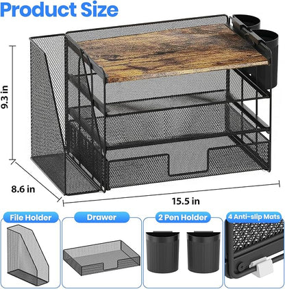 OPNICE Desk Organizer, 4-Tier Desktop File Organizer with Drawer and Pen Holders, Office Desk Accessories, File Sorters, Workspace Organizers for Office Supplies(Wood)