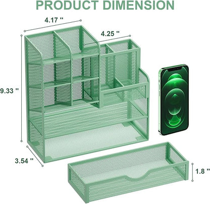 Marbrasse Mesh Pen Holder for Desk, Multi-Functional Pencil Organizer with Drawer, Desk Organizers and Accessories for Office Art Supplies (Green)