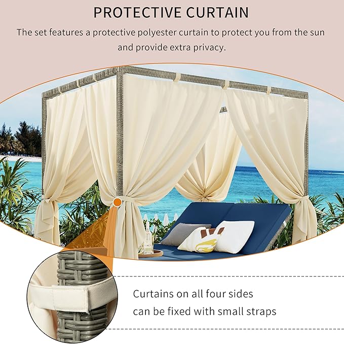 Patio Chaise Lounge,PE Rattan Outdoor Patio Wicker Adjustable Outdoor Sun Bed with Four-sided Canopy and Comfortable Blue Cushion – Versatile Use for Patio, Garden, and Poolside