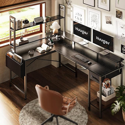 L Shaped Desk Gaming Desk with LED Lights & Power Outlets, Computer Desk with Storage Shelves, Corner Desk Home Office Desks for Bedroom, Black