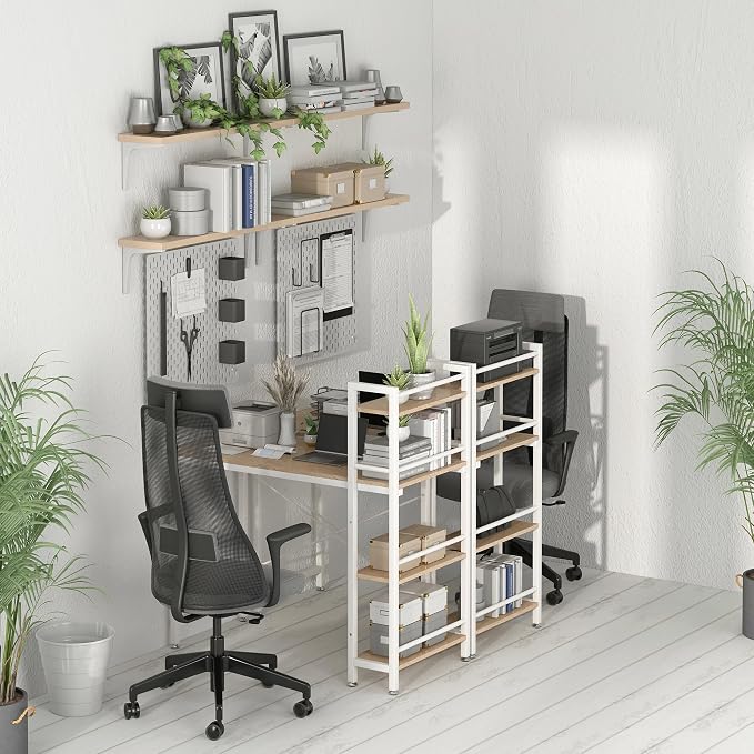 4NM 35.4" Small Computer Desk with 4-Tier Bookshelf and 8 Hooks, Home Office Desk Writing Workstation Study Table for Small Space Work - Natural and White
