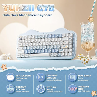 YUNZII C75 Cute 75% Wireless Mechanical Keyboard (Blue, Candy Switch) | Creamy Cake Keyboard, BT5.0/2.4G/USB-C, Hot-Swap, NKRO, PBT MOA Keycaps,5500mAh RGB Gasket Mount for Mac/Win/Gaming/Office