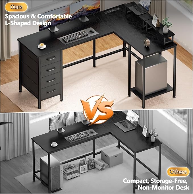 Korfile 59 inch L Shaped Computer Desk with Power Outlets, Black | Ideal for Home Office, Bedroom, Corner, 4 Adjustable Storage Drawers, 2 Monitor Stands, Reversible, Two Person Gaming Table