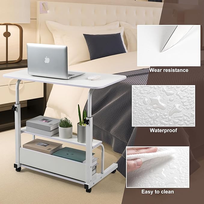 Height Adjustable Home Office Desk Movable Convenient Desk Small Spaces Computer Table Bedside Storage Desk Portable Desk Living Room Sofa Furniture Fashion Desk Size 15.7 * 31.5 Inch Pure White