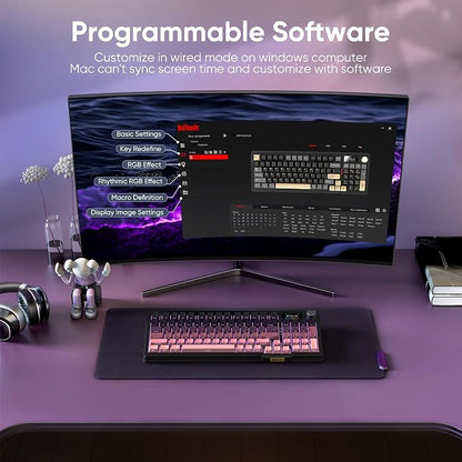 RedThunder K95 Wireless Mechanical Keyboard,TFT Screen & Knob, Trip-Modes Connection, Gasket Custom Hot-Swap Keyboard, RGB Backlit, Pre-lubed Linear Switches, Side Printed PBT Keycaps, Gradient Pink