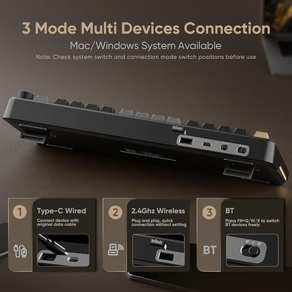 RedThunder K75 Wireless Mechanical Keyboard, CNC Knob, Tri-Mode BT5.0/2.4GHz/USB-C Hot Swappable Custom, Pre-lubed Linear Coconut Switches, Gasket Structure, RGB Gaming Keyboard, Black-Gold