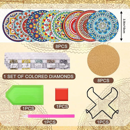 UPINS 8Pcs Mandala Diamond Art Painting Art Coasters Kits with Holder, Diamond Art Non Slip Coaster Kits DIY with Holder Crafts for Adults Diamond Art Painting Kits Supplies for Christmas Gift
