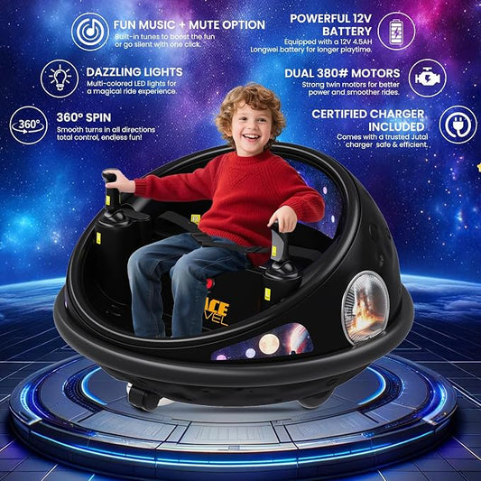 Electric Bumper Car with Remote Control, 360°Spinning Ride-on Vehicle, Rechargeable Indoor Outdoor Kid Car with LED Lights & Soft Bumper–Fun Gift (Black)