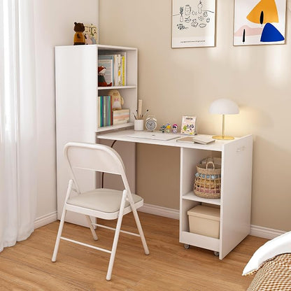 49.6" Foldable Desk with Storage Shelves, Fold Out Convertible Hidden Murphy Computer Desk, Multi-Function Folding Writing Table for Small Spaces, Apartment (White)